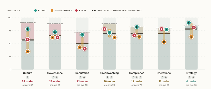 SustainQ ESG risk assessment card reading seven proprietary risks by Board, Management and Staff